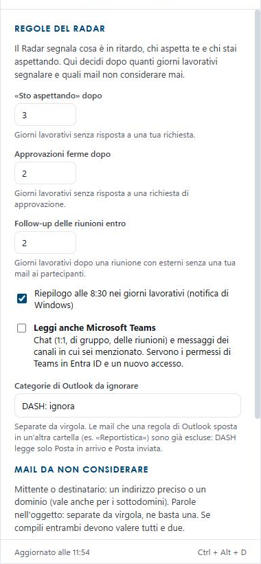 Il pannello Regole del Radar