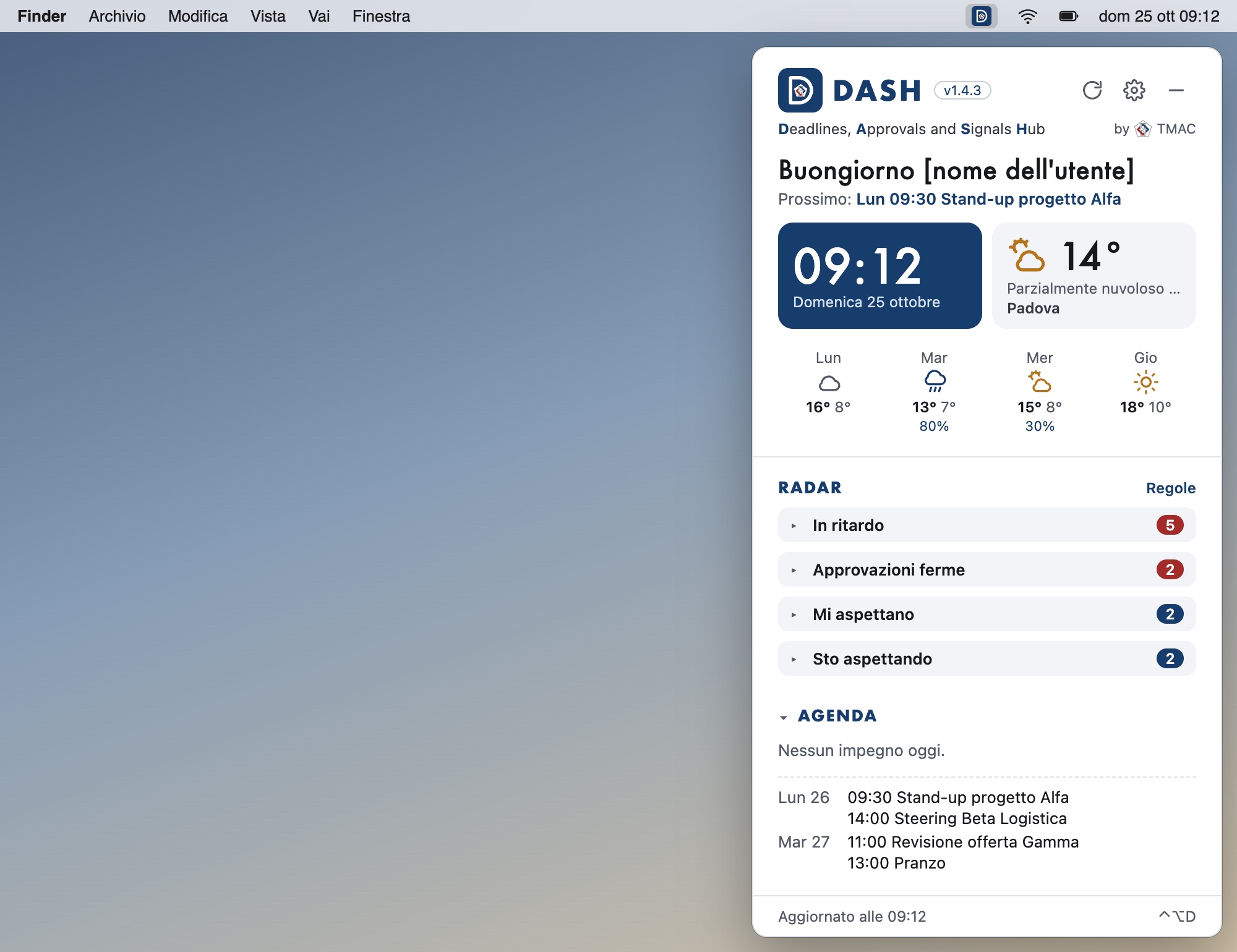 DASH sul Mac, sotto la sua icona nella barra dei menu