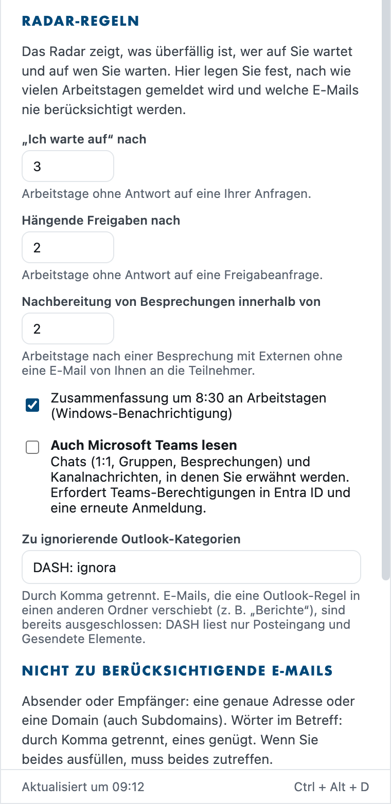 Der Bereich Radar-Regeln