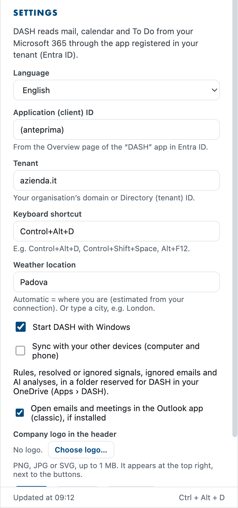 The Settings panel