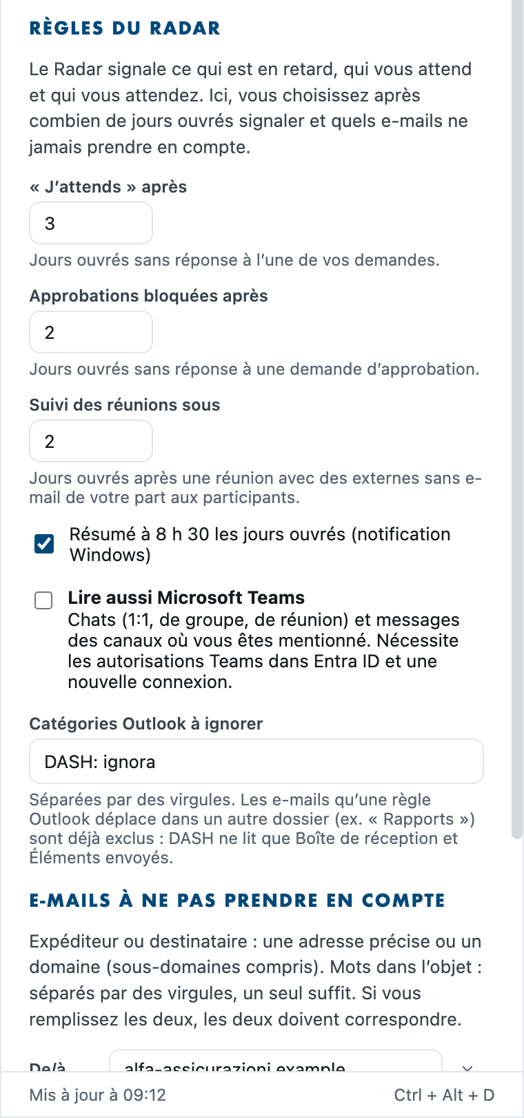 Le panneau Règles du Radar