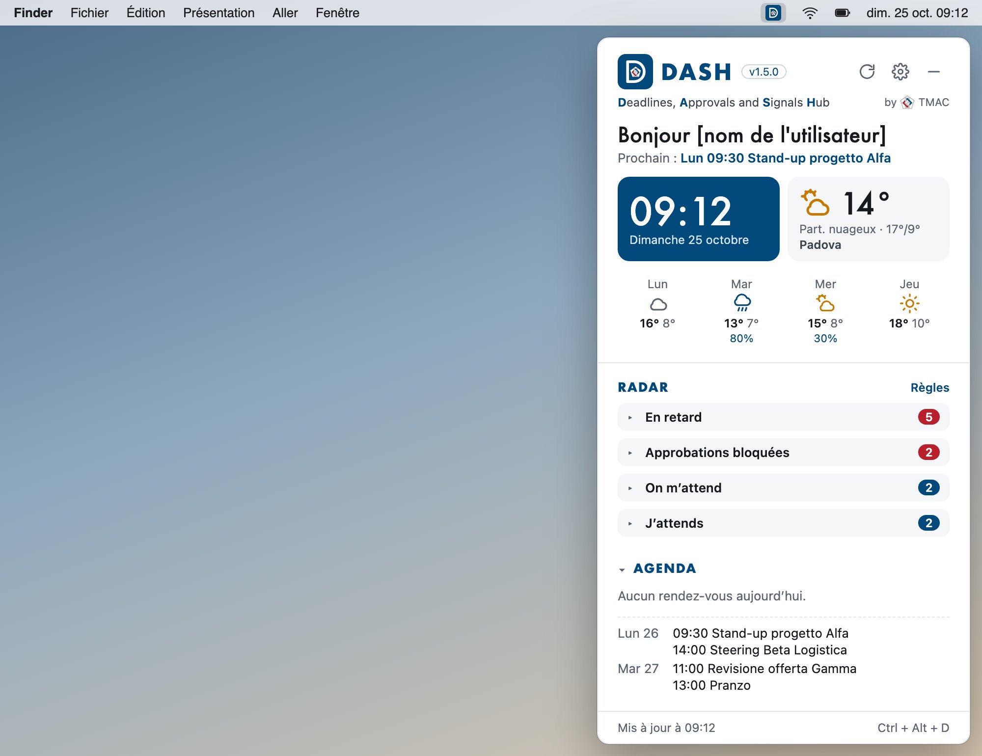 DASH sur Mac, sous son icône dans la barre des menus